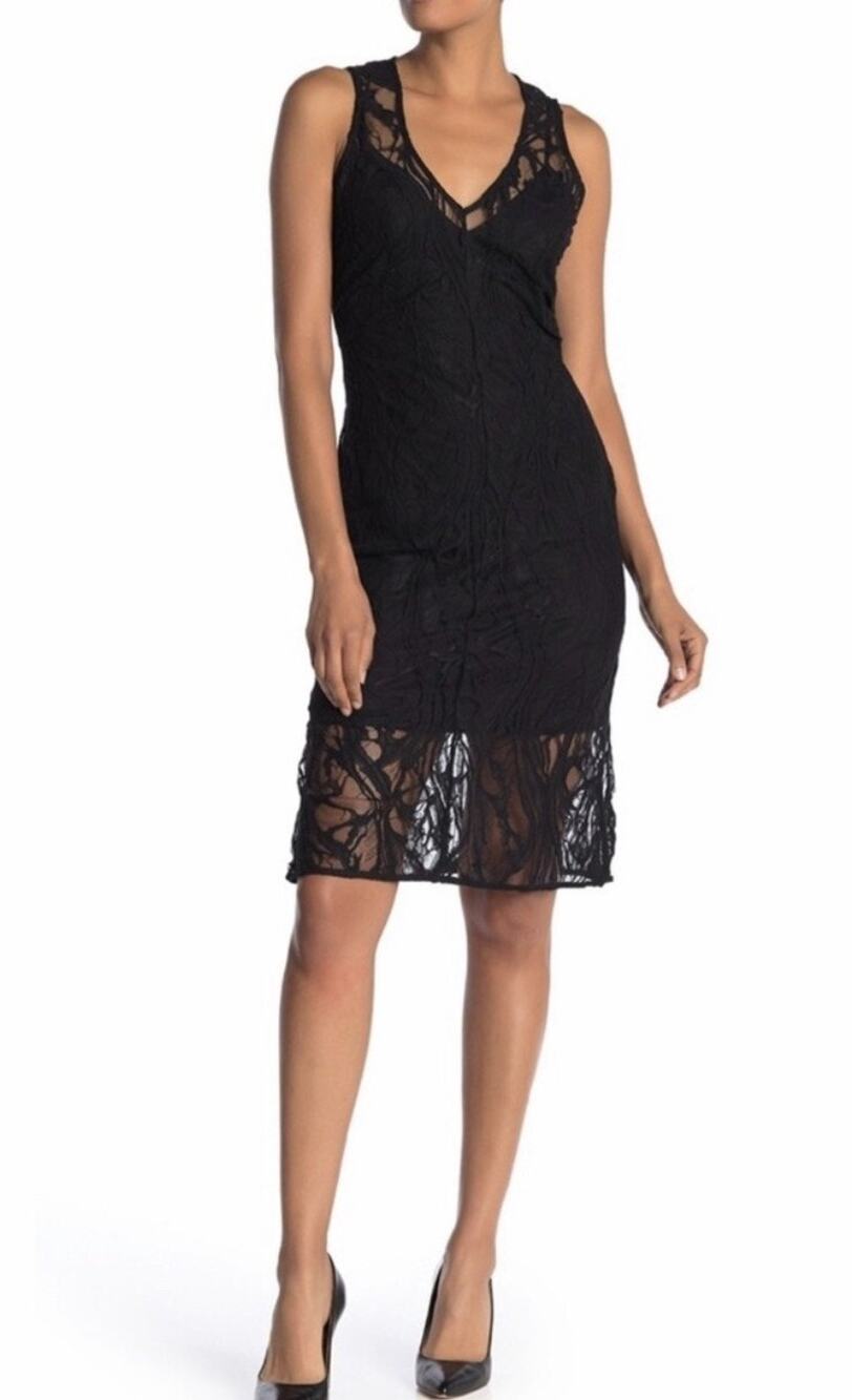 Brochu Walker Savoie Dress Women M Black Onyx Lace Sleeveless Sheath Midi
